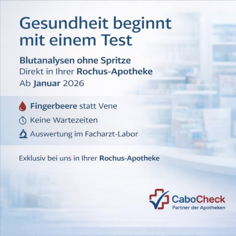 Blutanalyse ohne Spritze in der Rochus-Apotheke – jetzt Termin buchen Blutanalyse ohne Spritze per Fingerbeere in der Rochus-Apotheke mit CaboCheck.