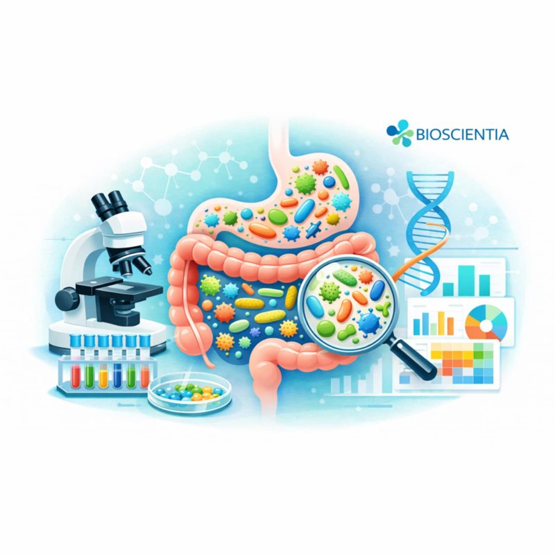 Darm-Mikrobiomanalyse mit Bioscientia – Rochus-Apotheke Sundern Illustration zur Darm-Mikrobiomanalyse mit Laboranalyse von Darmbakterien